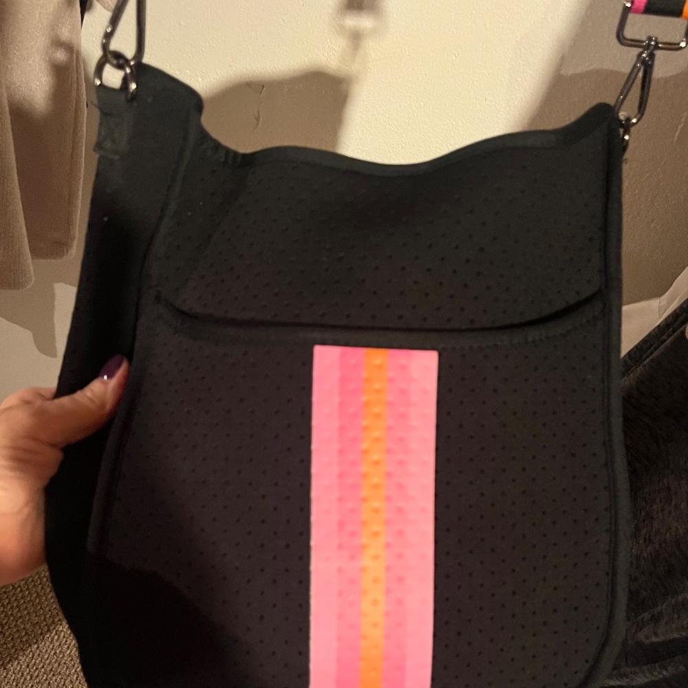 Scuba Fabric Black Crossbody Bag Pink Stripe - Picture 2 of 5